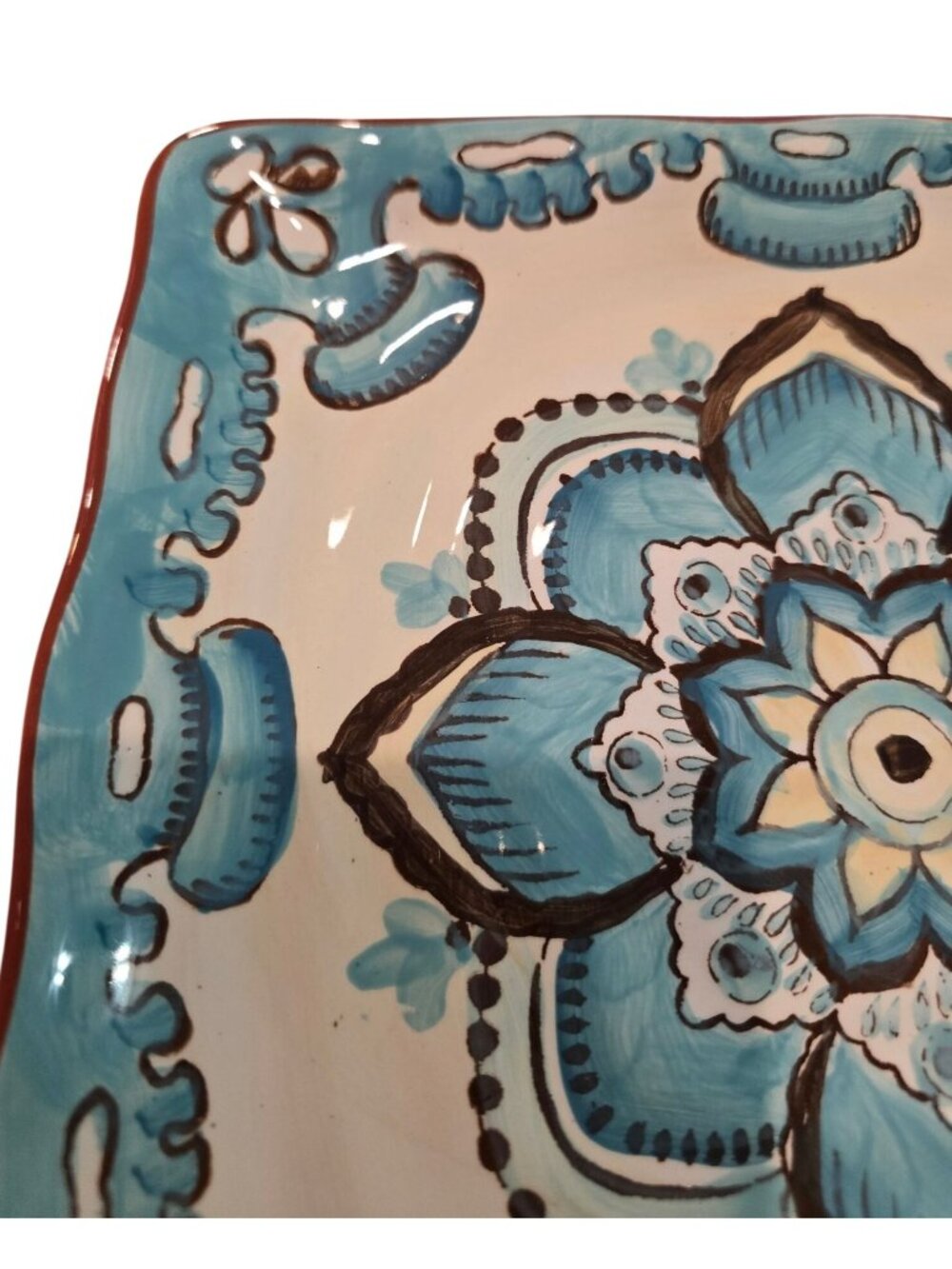 Set/2 Italian Blue & Green Ceramic Square Plates Hand-Painted Floral 8.5 x 8.5" - Picture 7 of 11